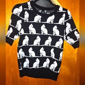 Anthropologie Maeve Harmon Jacquard Black White Cat Novelty Sweater Sz XS